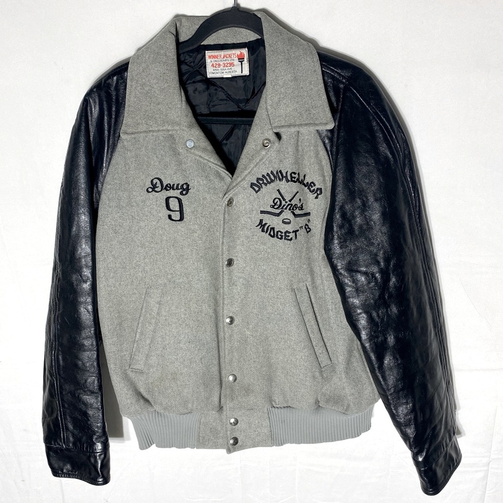 Vintage Winner Jackets Grey Black Wool Leather Minor Hockey Bomber Jacket 44/M